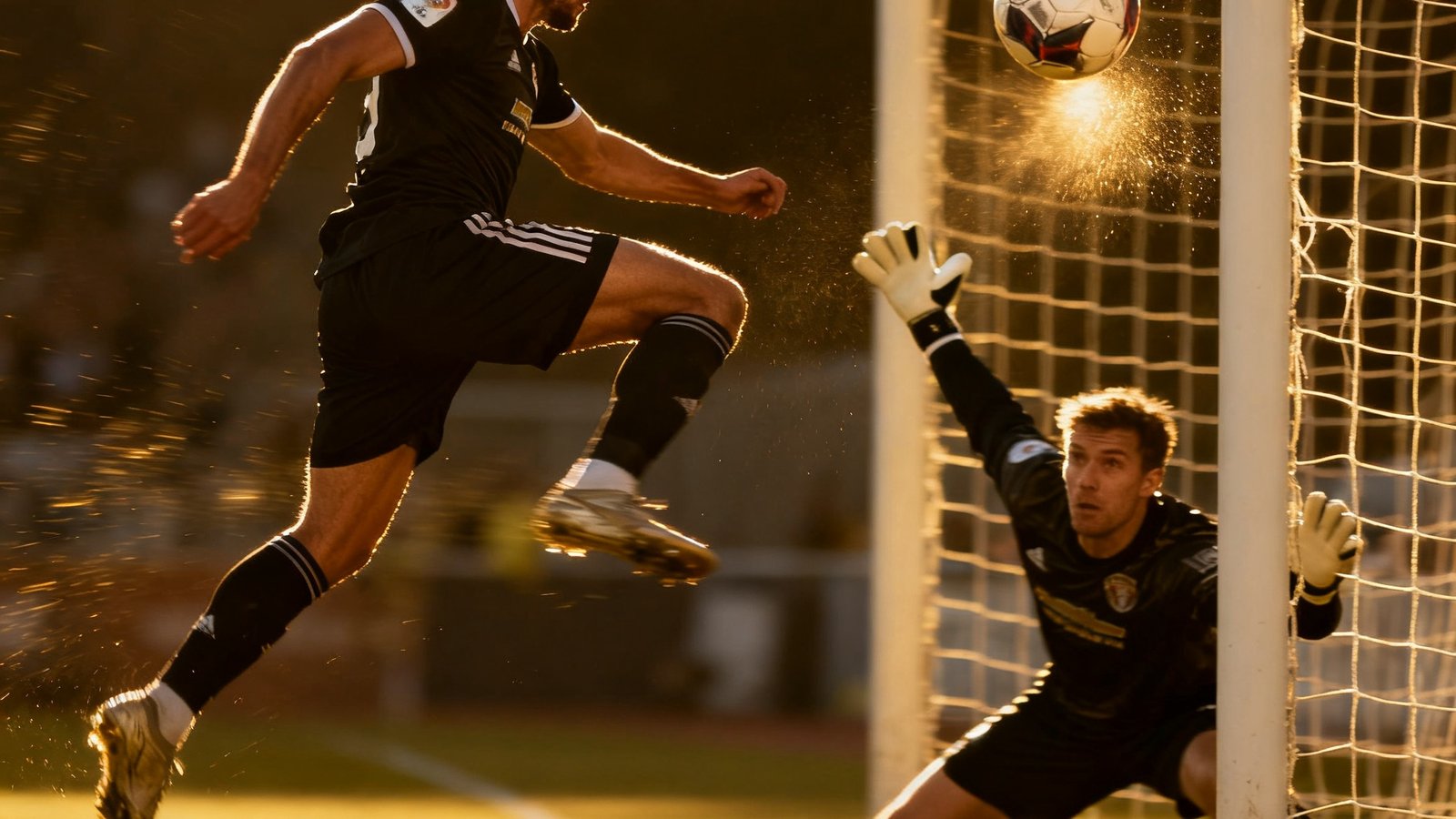 慢动作回放一名前锋在禁区内凌空抽射的瞬间，足球即将飞入球门右上角，守门员奋力扑救但触球不及，画面定格在最精彩的0.3秒
